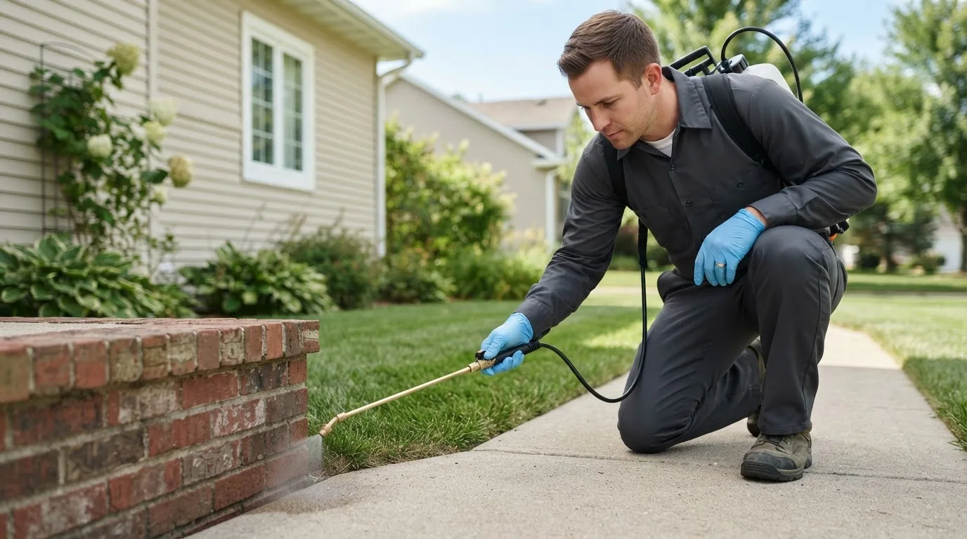 Pest control technician treating a home near El Prado, NM